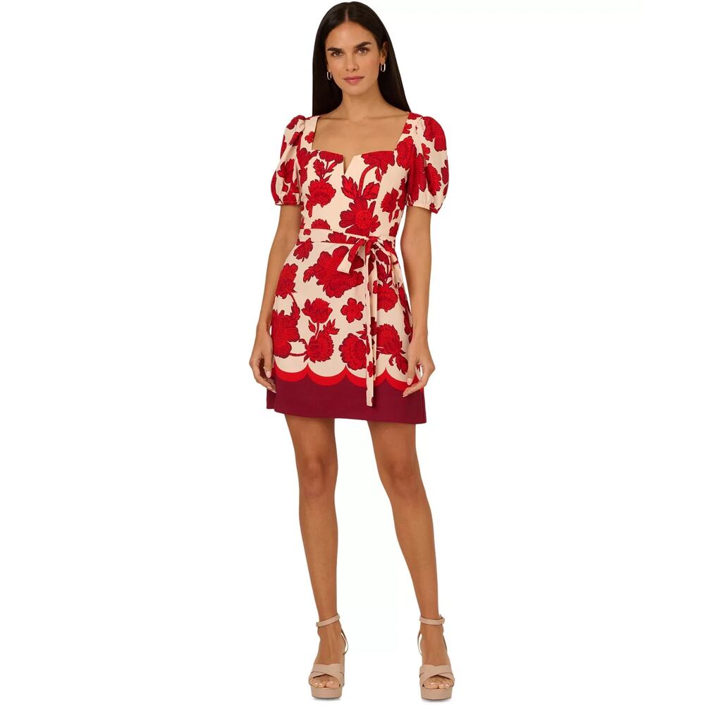 Adrianna by Adrianna Papell Sz 4 Women Red Floral-Print Puffed-Sleeve Dress $139